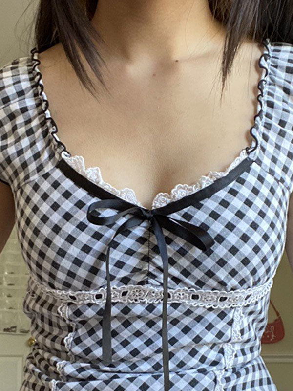 Lace Trim Checkered Blouse