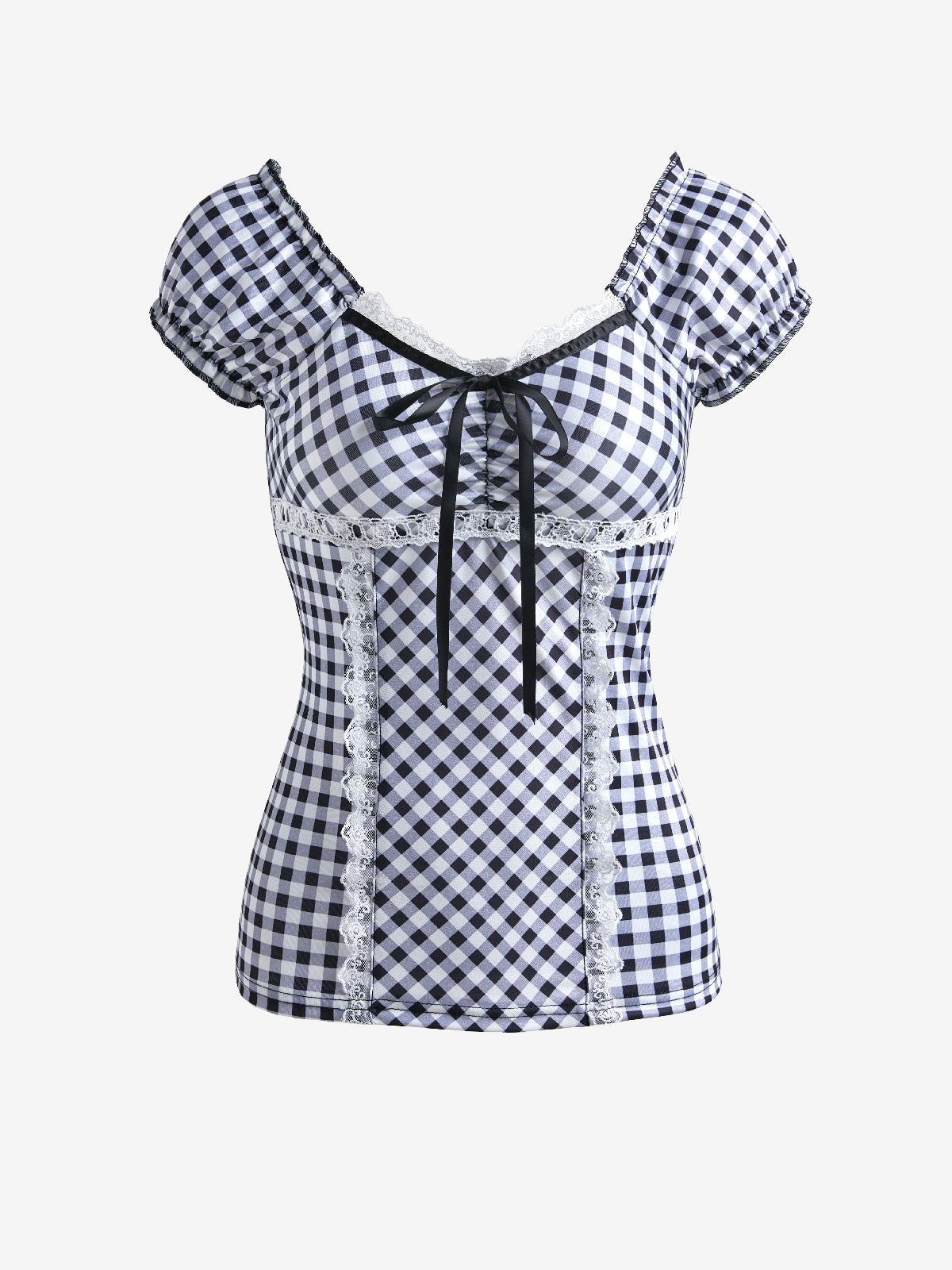Lace Trim Checkered Blouse