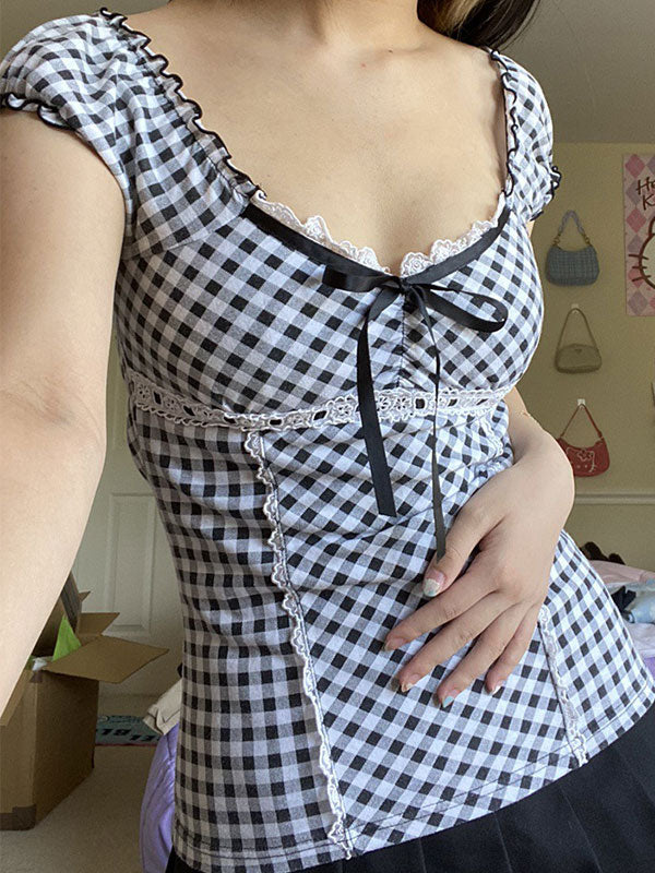 Lace Trim Checkered Blouse