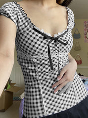 Lace Trim Checkered Blouse