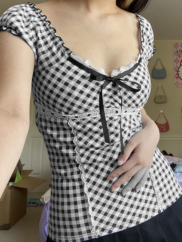 Lace Trim Checkered Blouse