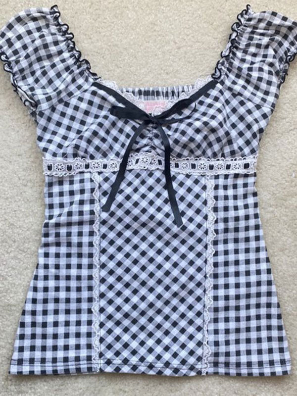 Lace Trim Checkered Blouse