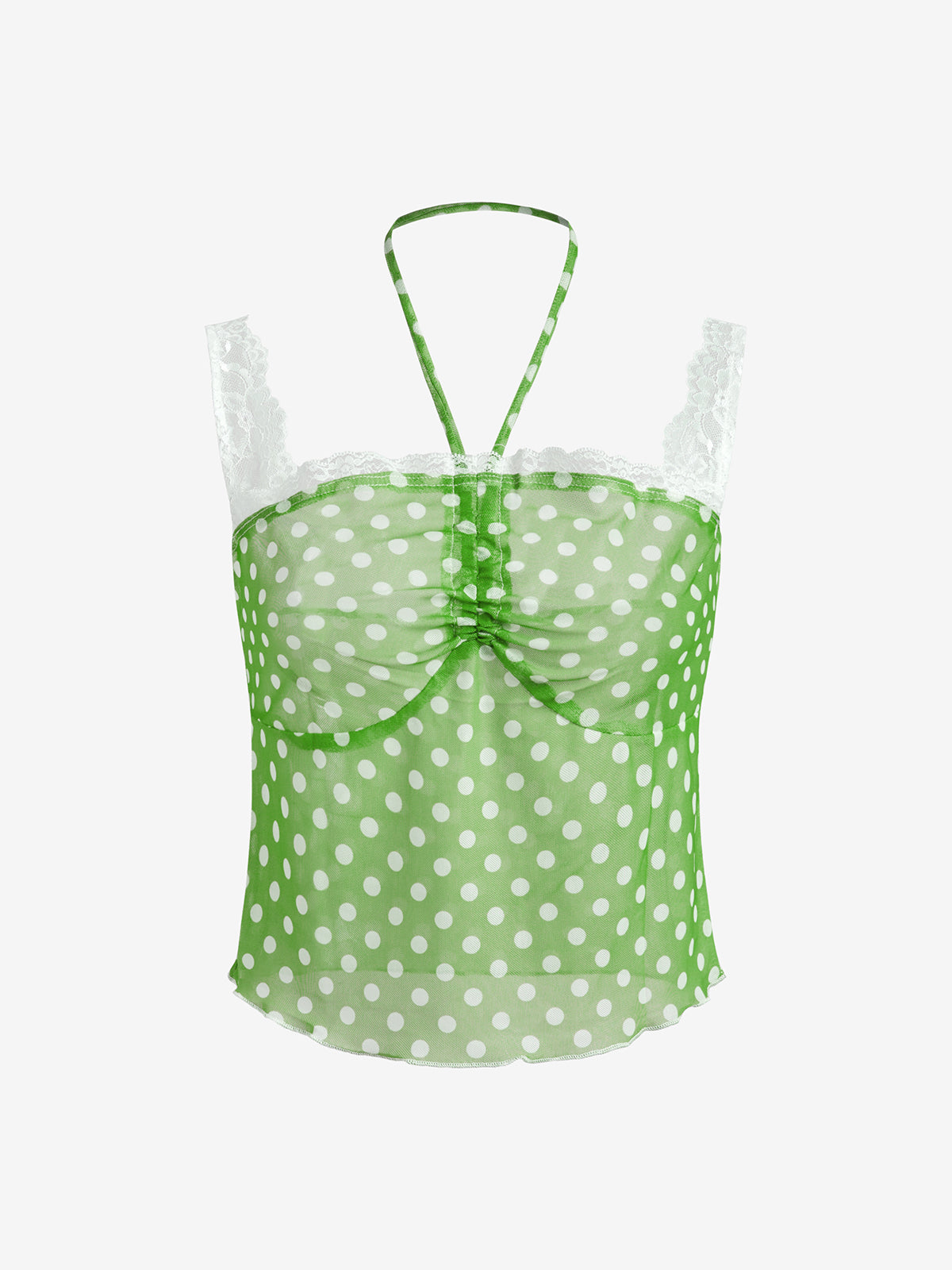 Lace Paneled Halter Polka Dot Crop Tank Top