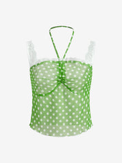 Lace Paneled Halter Polka Dot Crop Tank Top