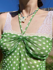 Lace Paneled Halter Polka Dot Crop Tank Top