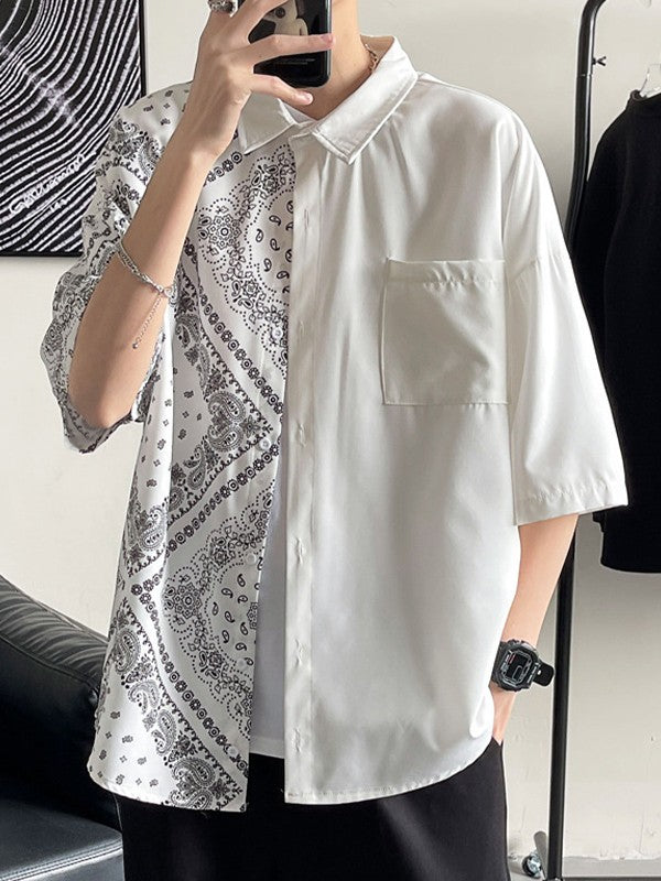 Men's Patchwork Paisley Print Pocket Shirt