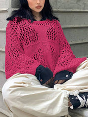 Cross Pattern Crochet Hollow Long Sleeve Knit Top