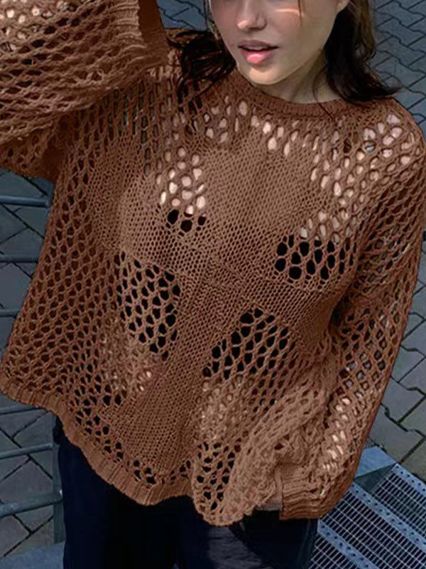 Cross Pattern Crochet Hollow Long Sleeve Knit Top