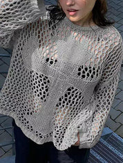 Cross Pattern Crochet Hollow Long Sleeve Knit Top