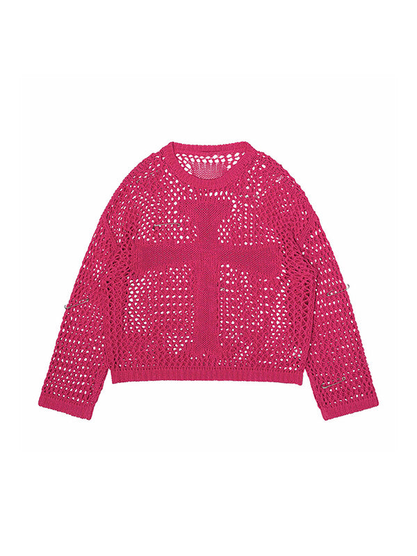 Cross Pattern Crochet Hollow Long Sleeve Knit Top
