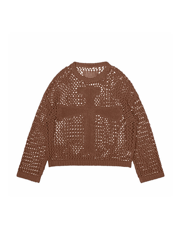 Cross Pattern Crochet Hollow Long Sleeve Knit Top