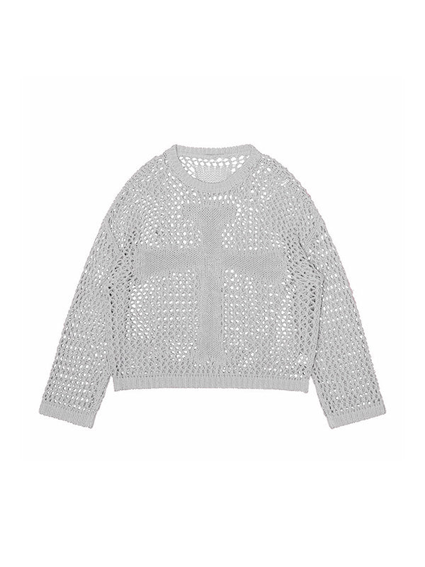 Cross Pattern Crochet Hollow Long Sleeve Knit Top