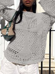 Cross Pattern Crochet Hollow Long Sleeve Knit Top