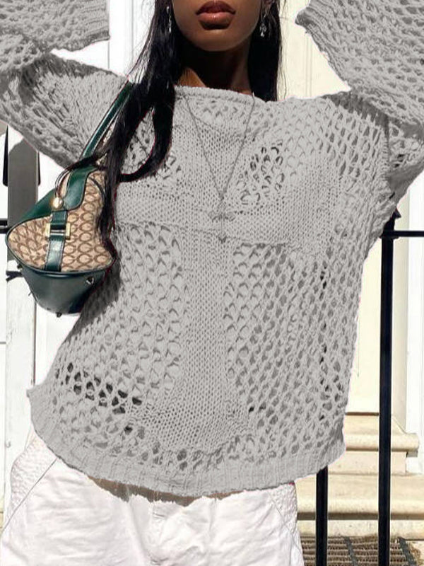 Cross Pattern Crochet Hollow Long Sleeve Knit Top