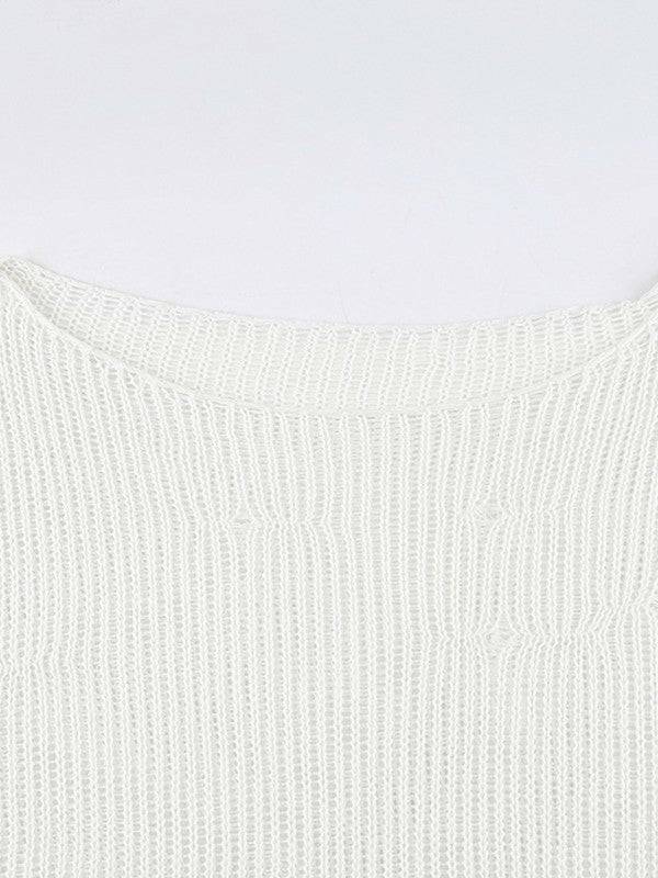 Distressed Crochet Knit Long Sleeve Crop Top