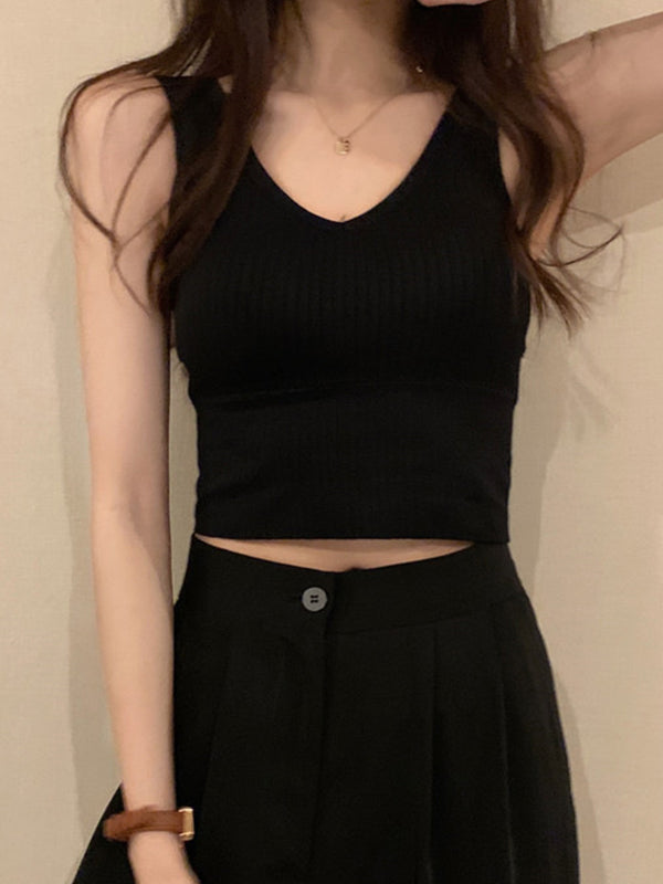 Rib V Neck Cropped Tank Top
