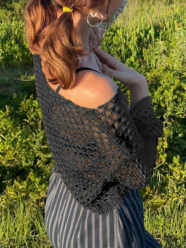Hollow Out Crochet Knit Long Sleeve Crop Top