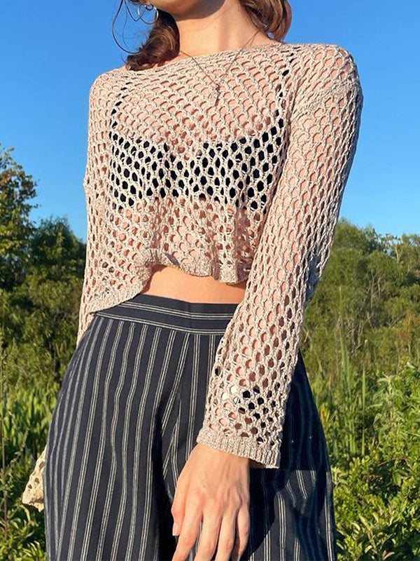 Hollow Out Crochet Knit Long Sleeve Crop Top