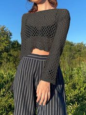 Hollow Out Crochet Knit Long Sleeve Crop Top