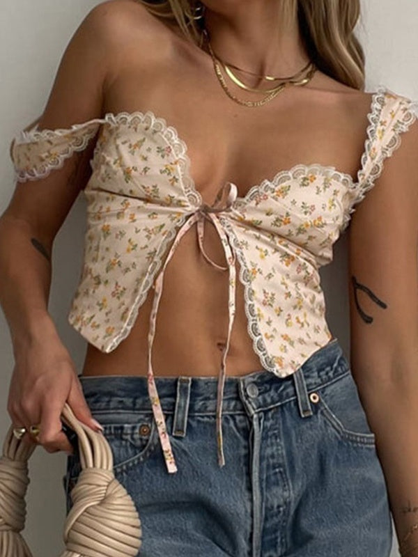 Lace Trim Backless Strappy Tie Corset Top