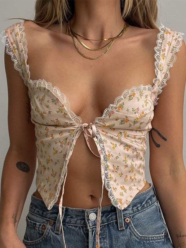 Lace Trim Backless Strappy Tie Corset Top