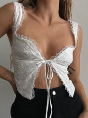 Lace Trim Backless Strappy Tie Corset Top