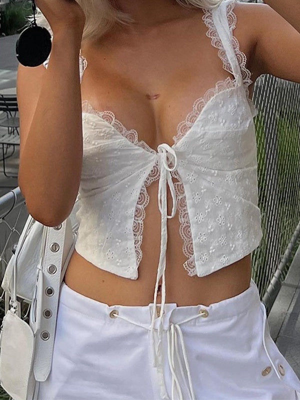 Lace Trim Backless Strappy Tie Corset Top