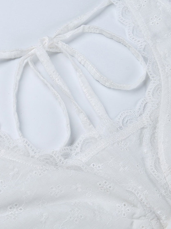 Lace Trim Backless Strappy Tie Corset Top