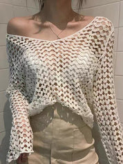 Hollow Out Long Sleeve Heart Crochet Knit Top