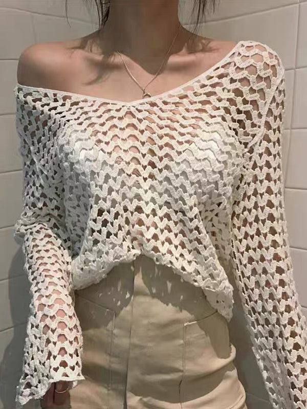 Hollow Out Long Sleeve Heart Crochet Knit Top
