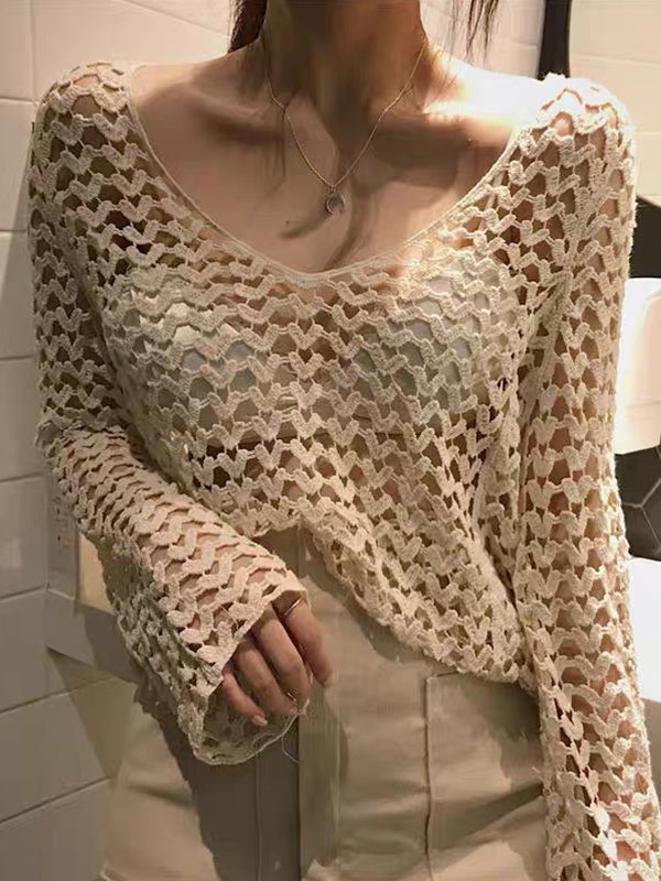 Hollow Out Long Sleeve Heart Crochet Knit Top