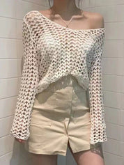 Hollow Out Long Sleeve Heart Crochet Knit Top
