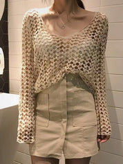 Hollow Out Long Sleeve Heart Crochet Knit Top