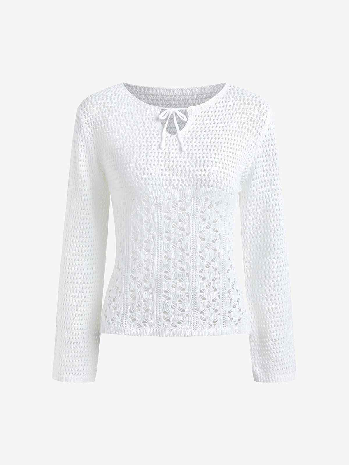 Tie Front White Open Knit Top