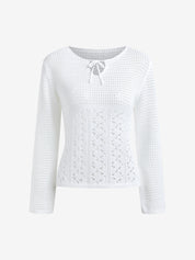 Tie Front White Open Knit Top