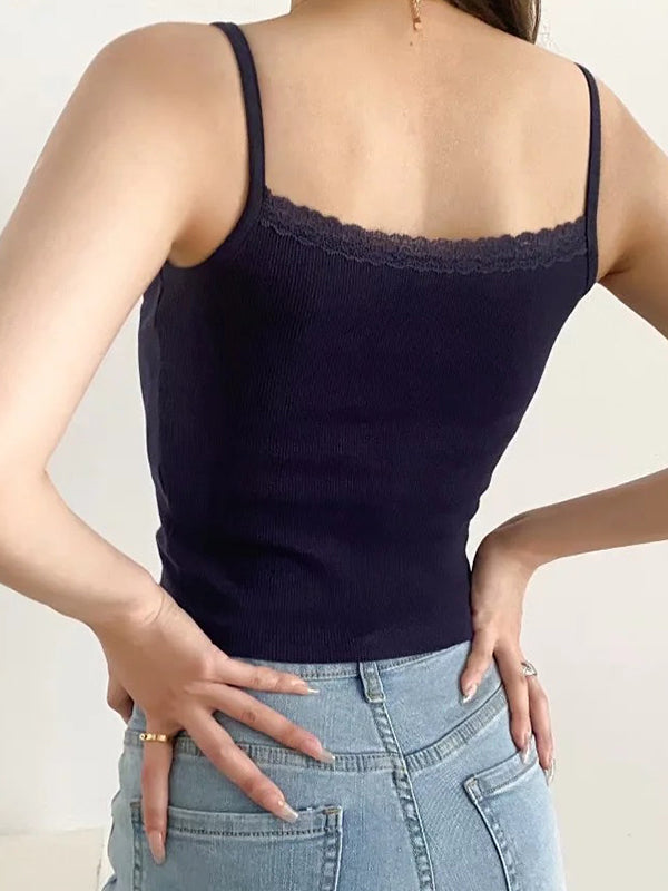 Lace Trim Solid Color Crop Cami Top