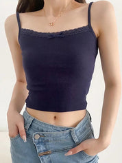 Lace Trim Solid Color Crop Cami Top