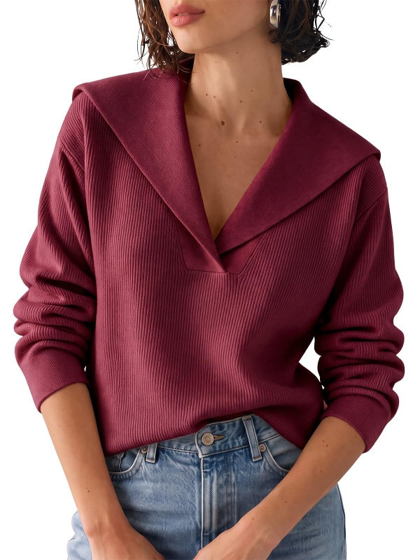 Womens Lapel Collar V Neck Pullover Sweaters