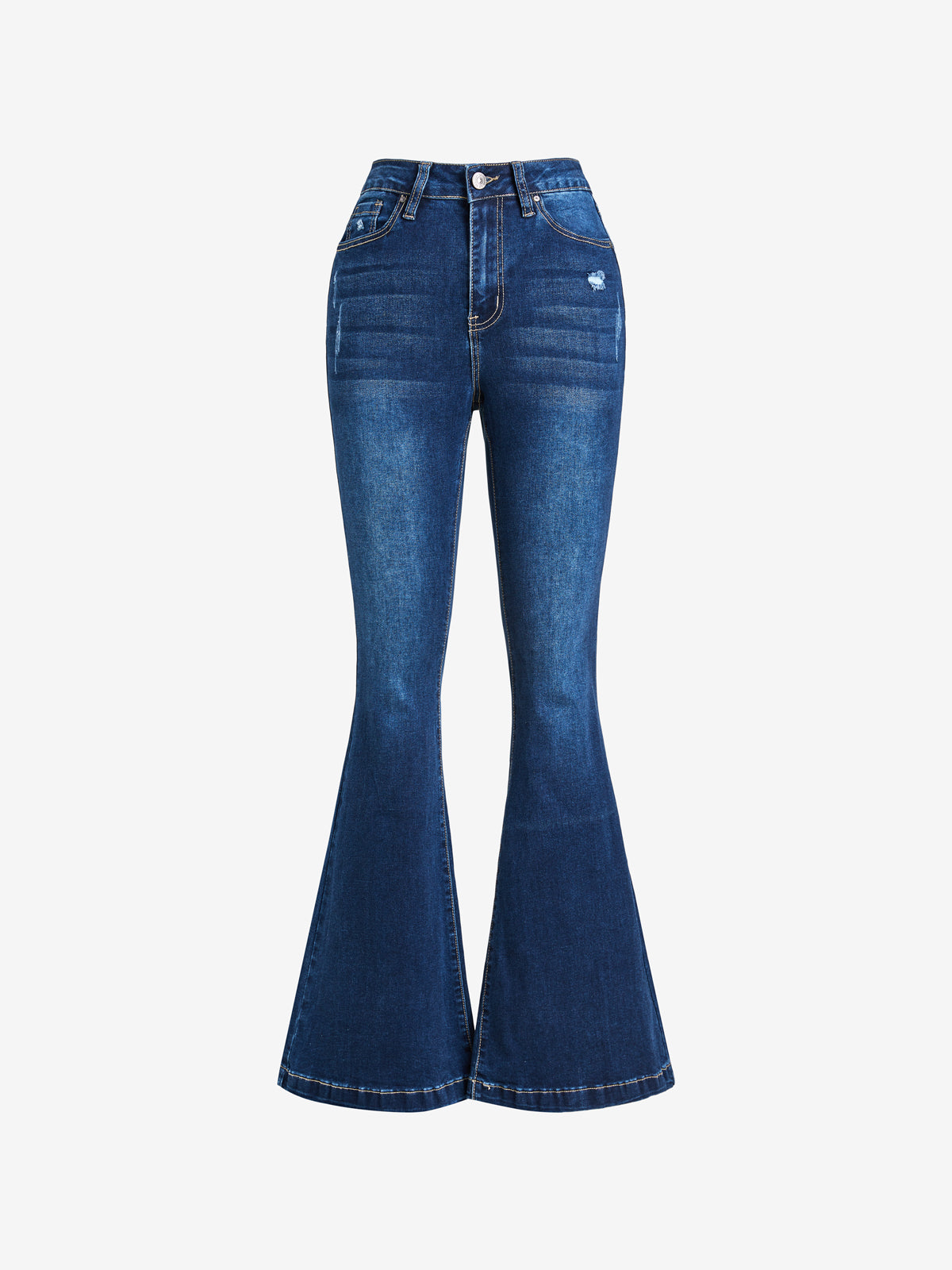 Blue Wash Distressed Stretch Flare Jeans