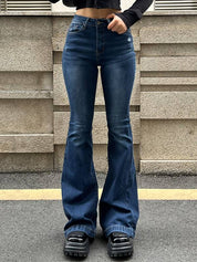 Blue Wash Distressed Stretch Flare Jeans