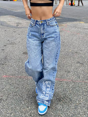 Basic Wash Letter Print Straight Leg Boyfriend Jeans