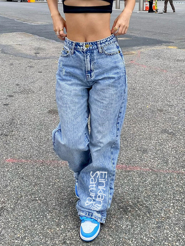 Basic Wash Letter Print Straight Leg Boyfriend Jeans