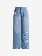 Basic Wash Letter Print Straight Leg Boyfriend Jeans