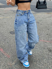 Basic Wash Letter Print Straight Leg Boyfriend Jeans