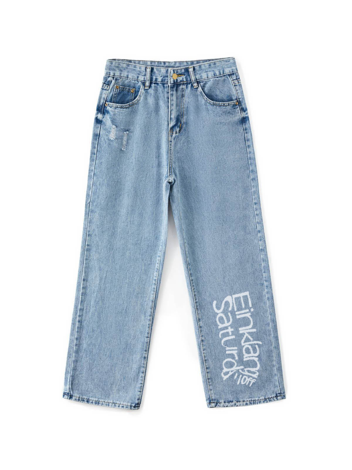 Basic Wash Letter Print Straight Leg Boyfriend Jeans