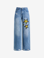 Basic Wash Print Straight Leg Boyfriend Jeans