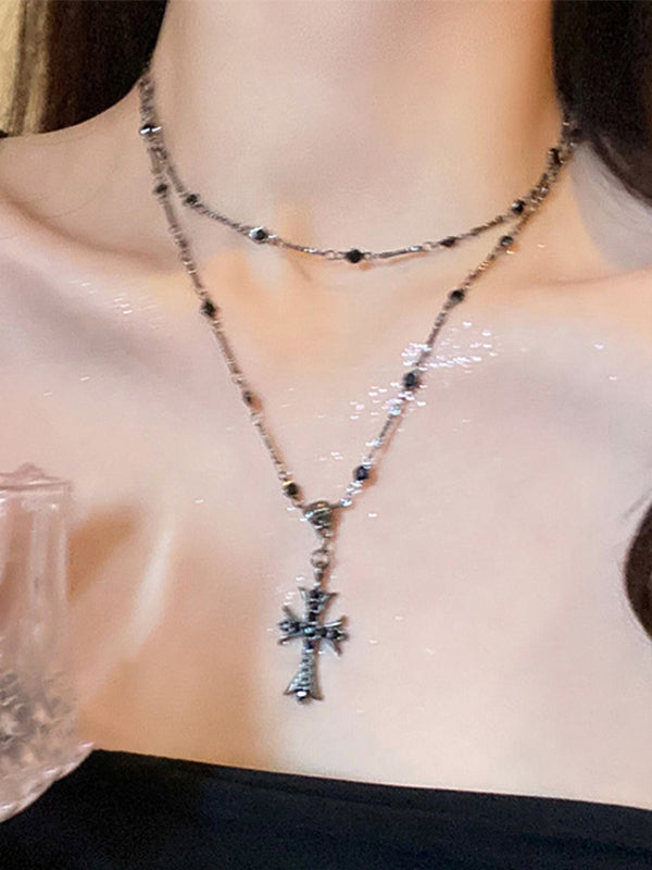 1pc Dark Zirconia Cross Beaded Necklace