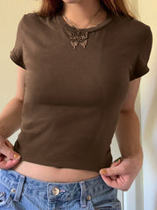 Solid Crew Neck Cropped Short Sleeve Tee