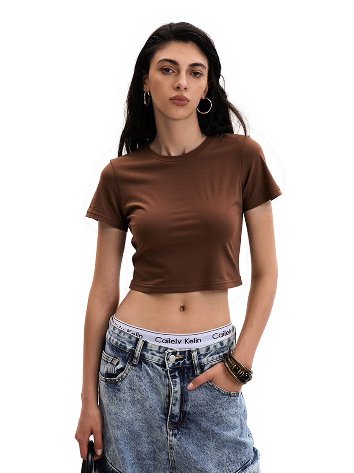 Solid Crew Neck Cropped Short Sleeve Tee