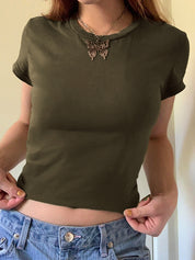Solid Crew Neck Cropped Short Sleeve Tee